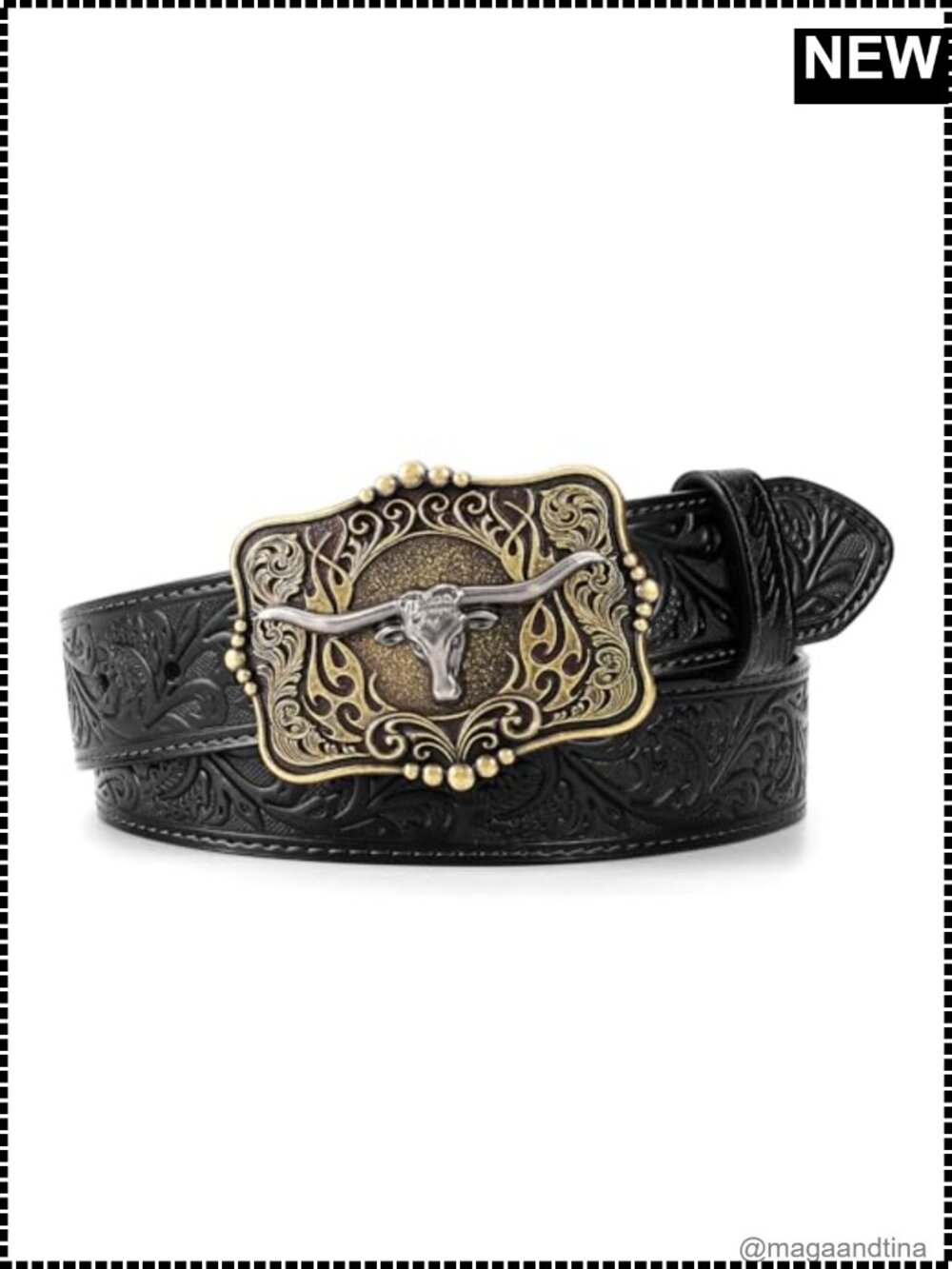 Leather Floral Embossed Western Belt Longhorn Buckle